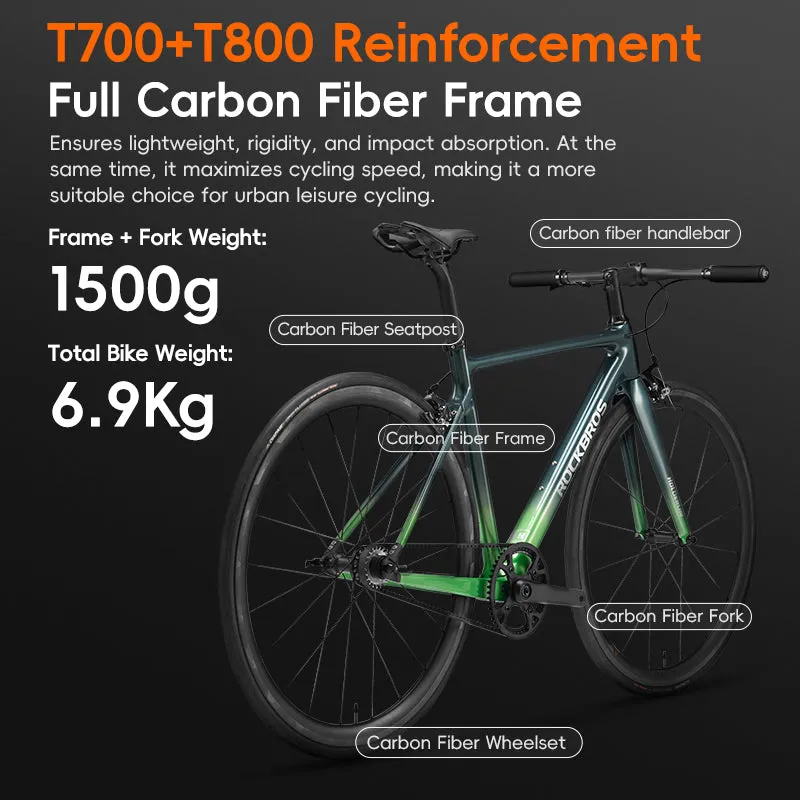 ROCKBROS T700 Carbon Fiber Aerodynamic Flat Road Bike  V-brake Leisure City Bike Green Black
